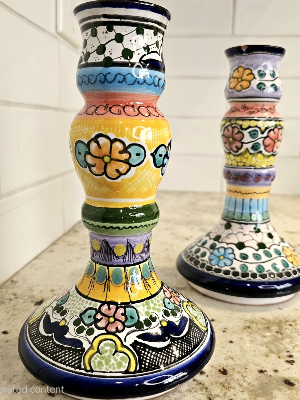 Hand-Painted Multicolor Earthenware Candle Holders Floral Talavera Pue Mex. Art